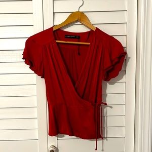 Zara Red Wrap Short Sleeve Top